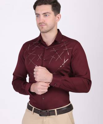 Pier seven embellished cotton blend men's slim fit full sleeve shirt - maroon (pwy073) 3