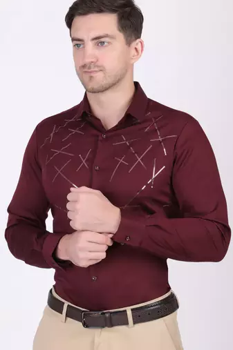 Pier seven embellished cotton blend men's slim fit full sleeve shirt - maroon (pwy073)