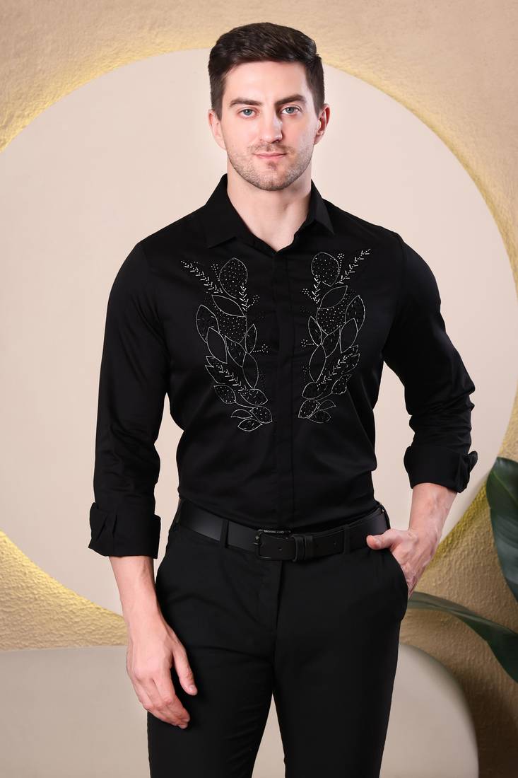 Pier seven hand embroidered cotton blend men's slim fit full sleeve shirt - black (pwy233)