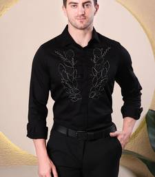 Pier seven hand embroidered cotton blend men's slim fit full sleeve shirt - black (pwy233)