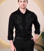 Pier seven hand embroidered cotton blend men's slim fit full sleeve shirt - black (pwy233)