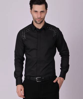 Pier seven embroidered cotton blend men's slim fit full sleeve shirt - black (pwy013) 1