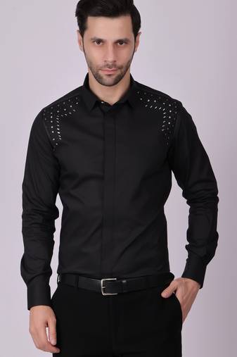 Pier seven embroidered cotton blend men's slim fit full sleeve shirt - black (pwy013)