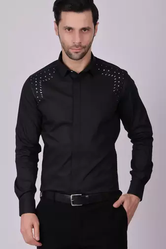 Pier seven embroidered cotton blend men's slim fit full sleeve shirt - black (pwy013)