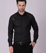 Pier seven embroidered cotton blend men's slim fit full sleeve shirt - black (pwy013)