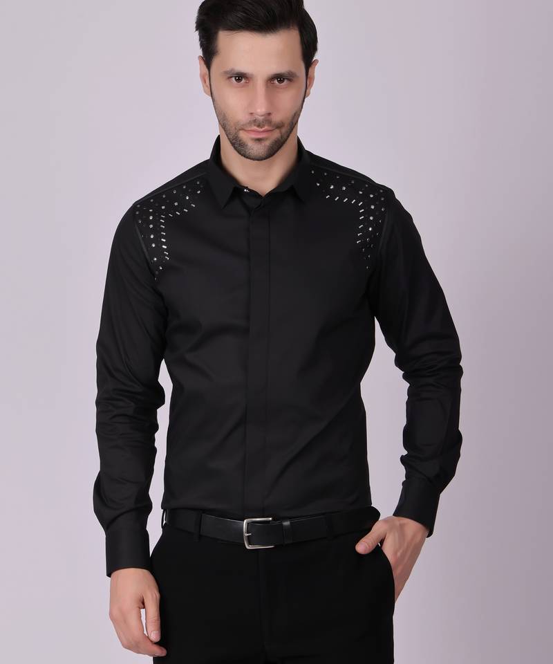 Pier seven embroidered cotton blend men's slim fit full sleeve shirt - black (pwy013)