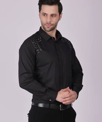 Pier seven embroidered cotton blend men's slim fit full sleeve shirt - black (pwy013) 2