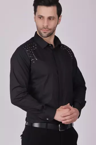 Pier seven embroidered cotton blend men's slim fit full sleeve shirt - black (pwy013)
