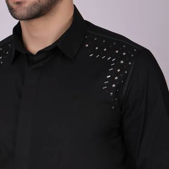 Pier seven embroidered cotton blend men's slim fit full sleeve shirt - black (pwy013) 3