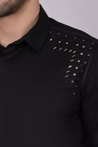 Pier seven embroidered cotton blend men's slim fit full sleeve shirt - black (pwy013)