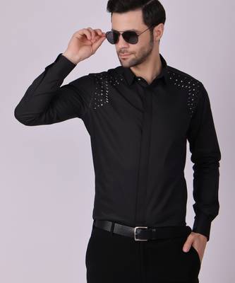 Pier seven embroidered cotton blend men's slim fit full sleeve shirt - black (pwy013) 4