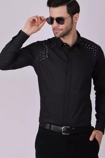 Pier seven embroidered cotton blend men's slim fit full sleeve shirt - black (pwy013)