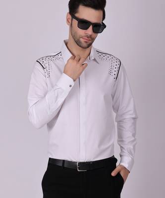Pier seven embroidered cotton blend men's slim fit full sleeve shirt- white (pwy013) 1