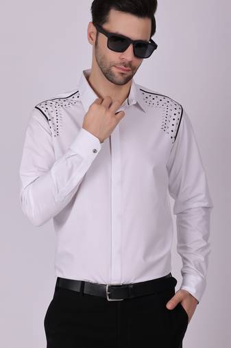 Pier seven embroidered cotton blend men's slim fit full sleeve shirt- white (pwy013)