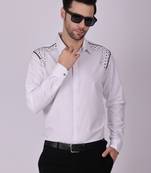 Pier seven embroidered cotton blend men's slim fit full sleeve shirt- white (pwy013)