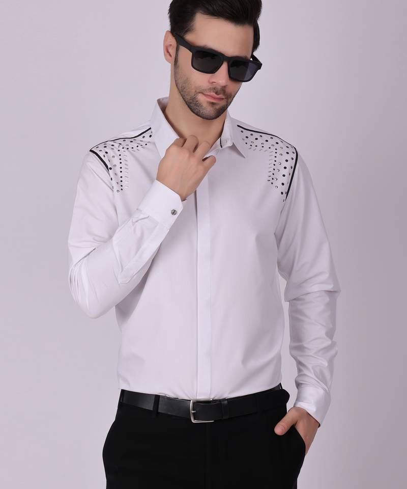 Pier seven embroidered cotton blend men's slim fit full sleeve shirt- white (pwy013)
