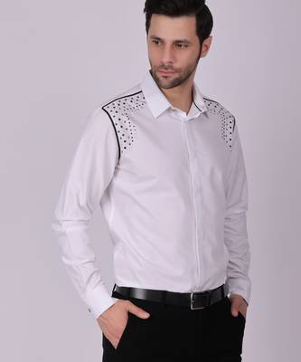 Pier seven embroidered cotton blend men's slim fit full sleeve shirt- white (pwy013) 2