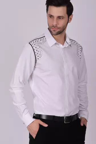 Pier seven embroidered cotton blend men's slim fit full sleeve shirt- white (pwy013)