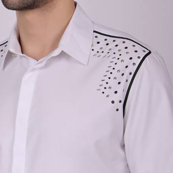 Pier seven embroidered cotton blend men's slim fit full sleeve shirt- white (pwy013) 3