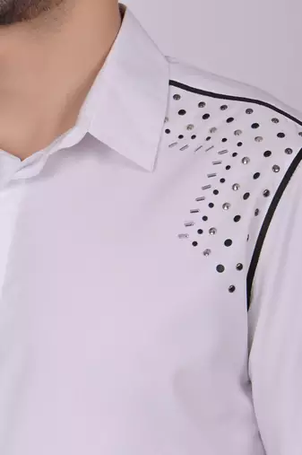 Pier seven embroidered cotton blend men's slim fit full sleeve shirt- white (pwy013)