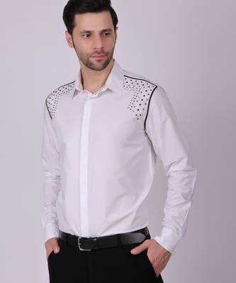 Pier seven embroidered cotton blend men's slim fit full sleeve shirt- white (pwy013) 4