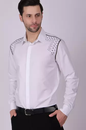 Pier seven embroidered cotton blend men's slim fit full sleeve shirt- white (pwy013)