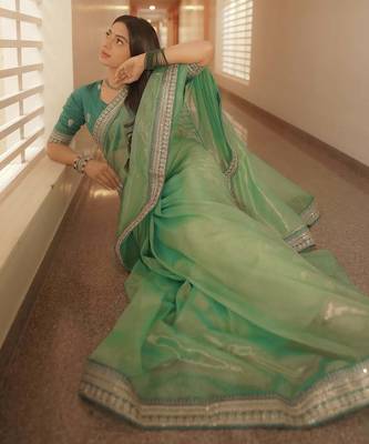 light green net saree with sequins embroidered work 1