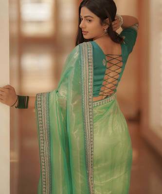 light green net saree with sequins embroidered work 2