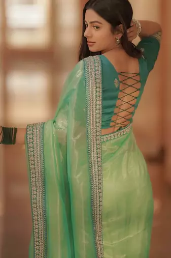 light green net saree with sequins embroidered work