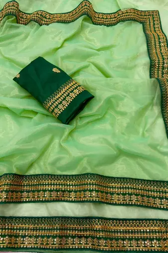 light green net saree with sequins embroidered work
