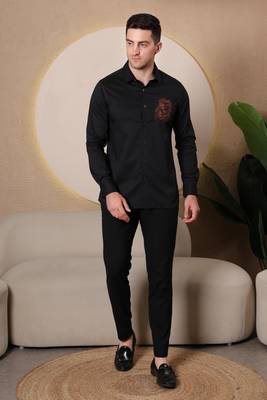 Pier seven embroidered cotton blend men's slim fit full sleeve shirt - black (pwy066) 1