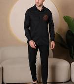 Pier seven embroidered cotton blend men's slim fit full sleeve shirt - black (pwy066)