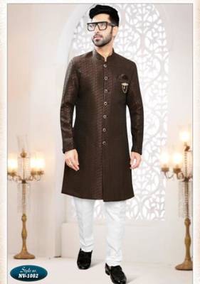 brown silk blend embroidered sherwani and trouser 1