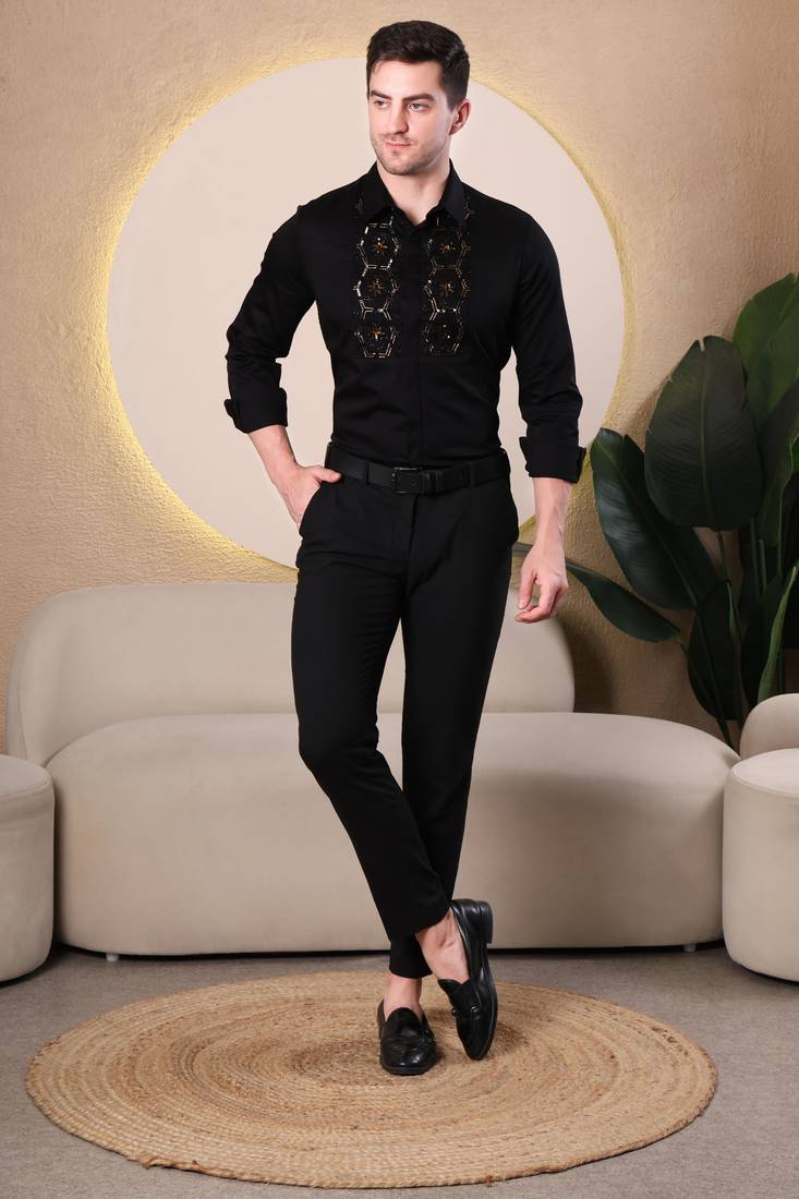Pier seven hand embroidered cotton blend men's slim fit full sleeve shirt - black (pwe019)