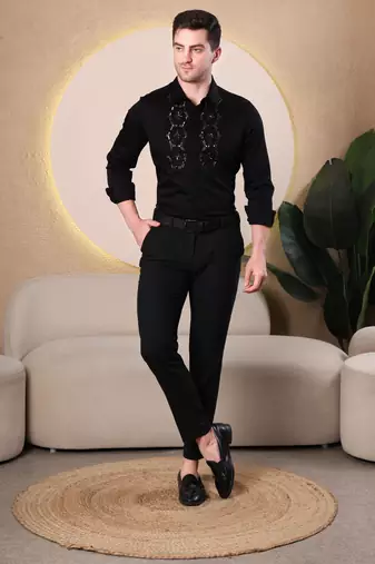 Pier seven hand embroidered cotton blend men's slim fit full sleeve shirt - black (pwe019)