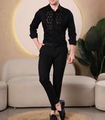 Pier seven hand embroidered cotton blend men's slim fit full sleeve shirt - black (pwe019)