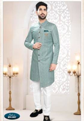 green silk blend embroidered sherwani and trouser 1