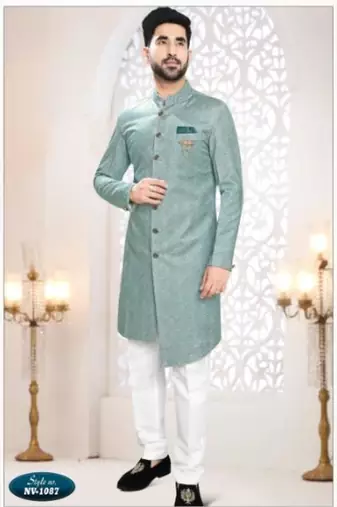 green silk embroidered sherwani and trouser
