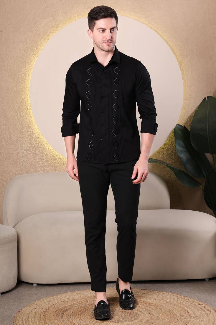 Pier seven black slim fit cotton blend shirt with hand embroidery & pin-tuck detailing (pwy069)