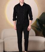 Pier seven black slim fit cotton blend shirt with hand embroidery & pin-tuck detailing (pwy069)
