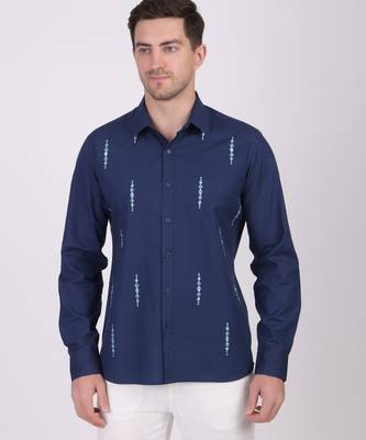Pier seven mirror hand embroidered 100% cotton men's slim fit full sleeve shirt - navy (pwe009) 1