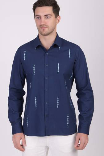 Pier seven mirror hand embroidered 100% cotton men's slim fit full sleeve shirt - navy (pwe009)