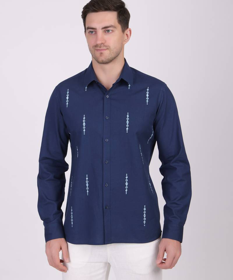 Pier seven mirror hand embroidered 100% cotton men's slim fit full sleeve shirt - navy (pwe009)