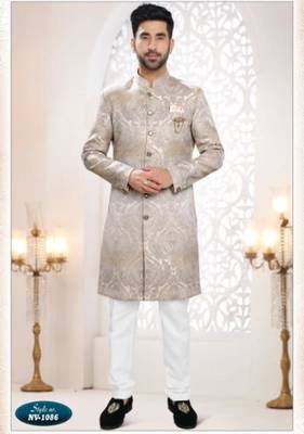 grey silk blend embroidered sherwani and trouser 1