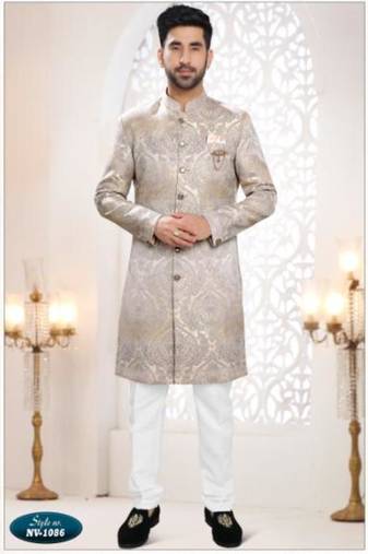 grey silk embroidered sherwani and trouser