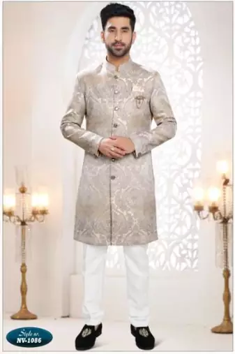 grey silk embroidered sherwani and trouser