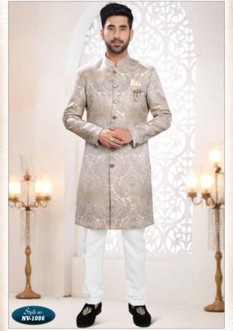 grey silk embroidered sherwani and trouser