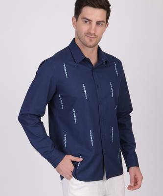 Pier seven mirror hand embroidered 100% cotton men's slim fit full sleeve shirt - navy (pwe009) 2