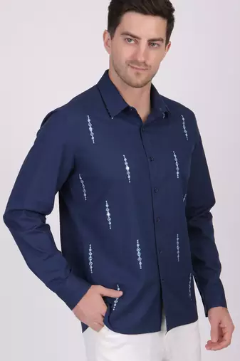 Pier seven mirror hand embroidered 100% cotton men's slim fit full sleeve shirt - navy (pwe009)