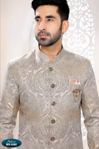 grey silk embroidered sherwani and trouser